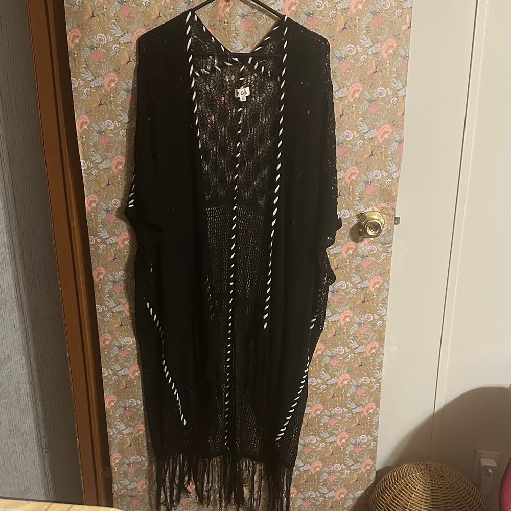 POL Black Lace Cardigan Duster with Fringe